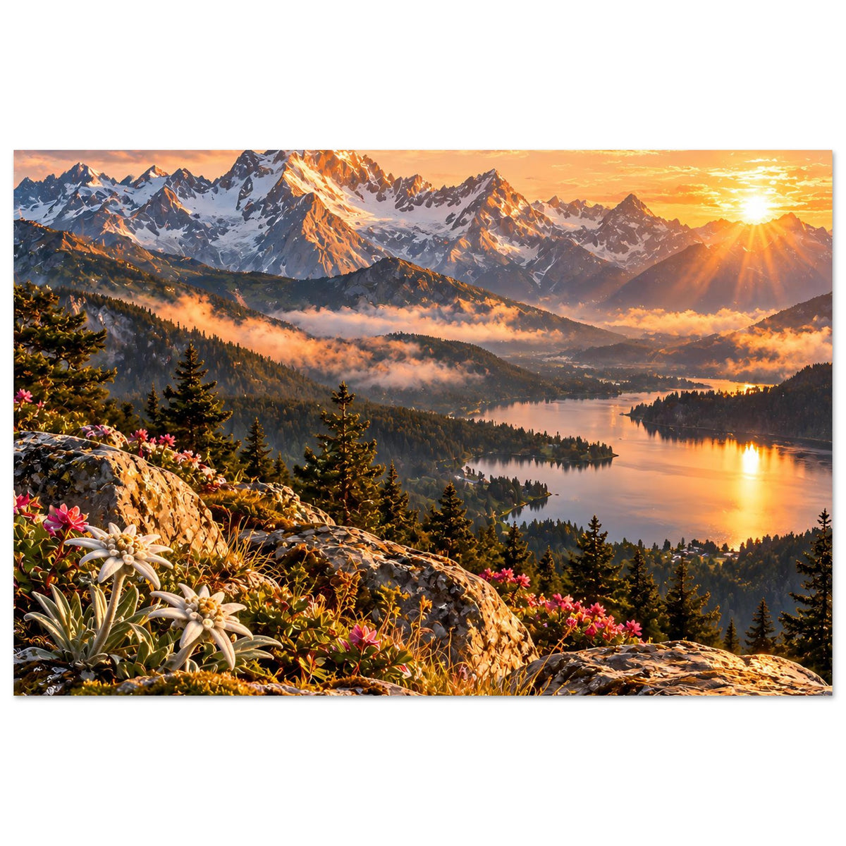 Landschaftsposter mit Berggipfeln, Wald und See im warmen Abendlicht; Blumen im Vordergrund.