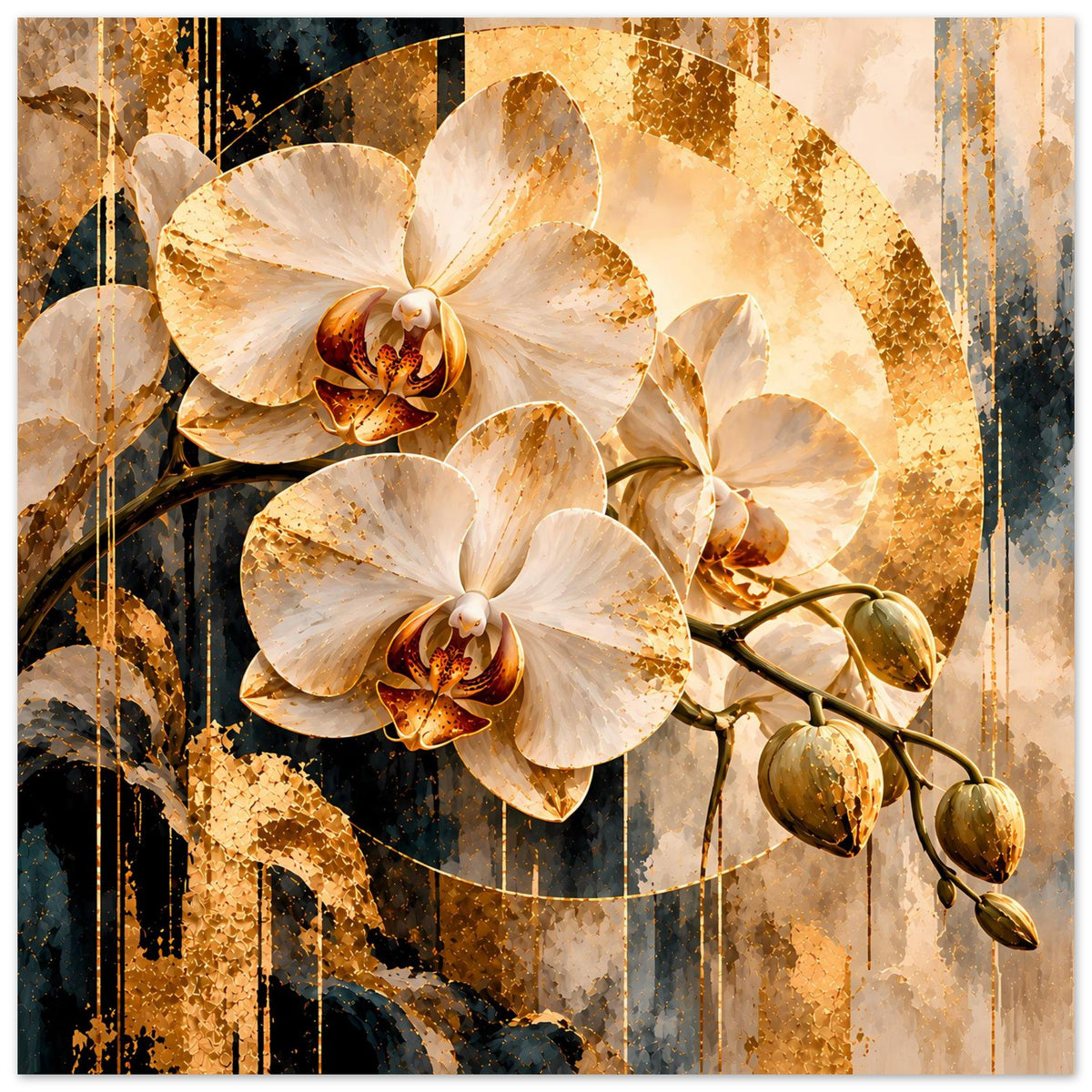 Orchideen-Kunstposter im Querformat mit weißen Blüten, goldener Kreisstruktur und warmen Creme- und Brauntönen