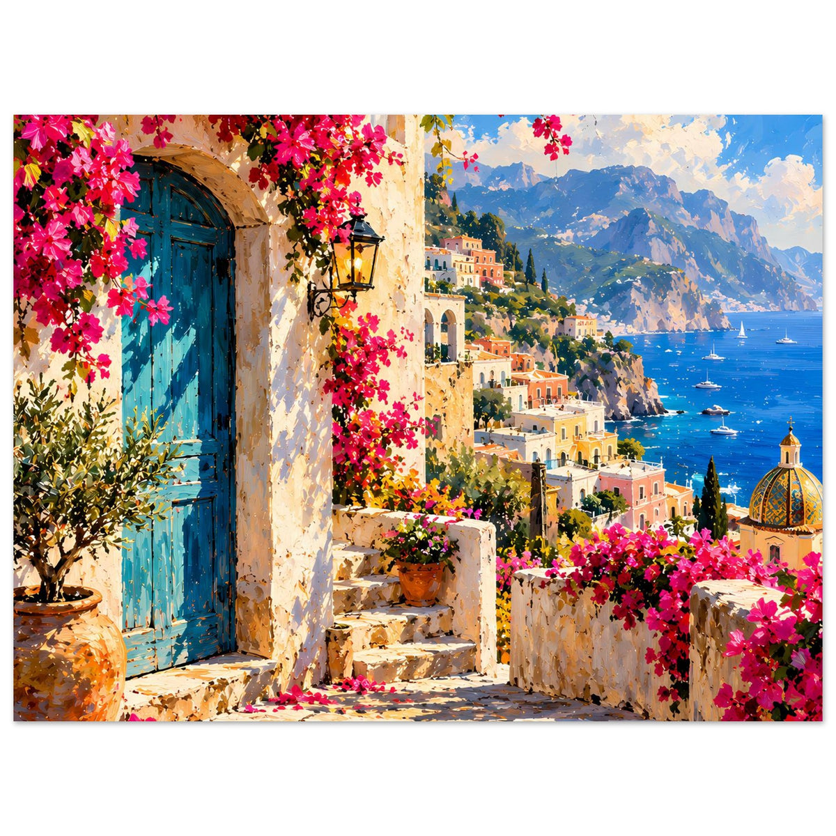 Mediterranes Poster mit blauem Tor, Laterne, rosa Blüten und Kuppel am Meer