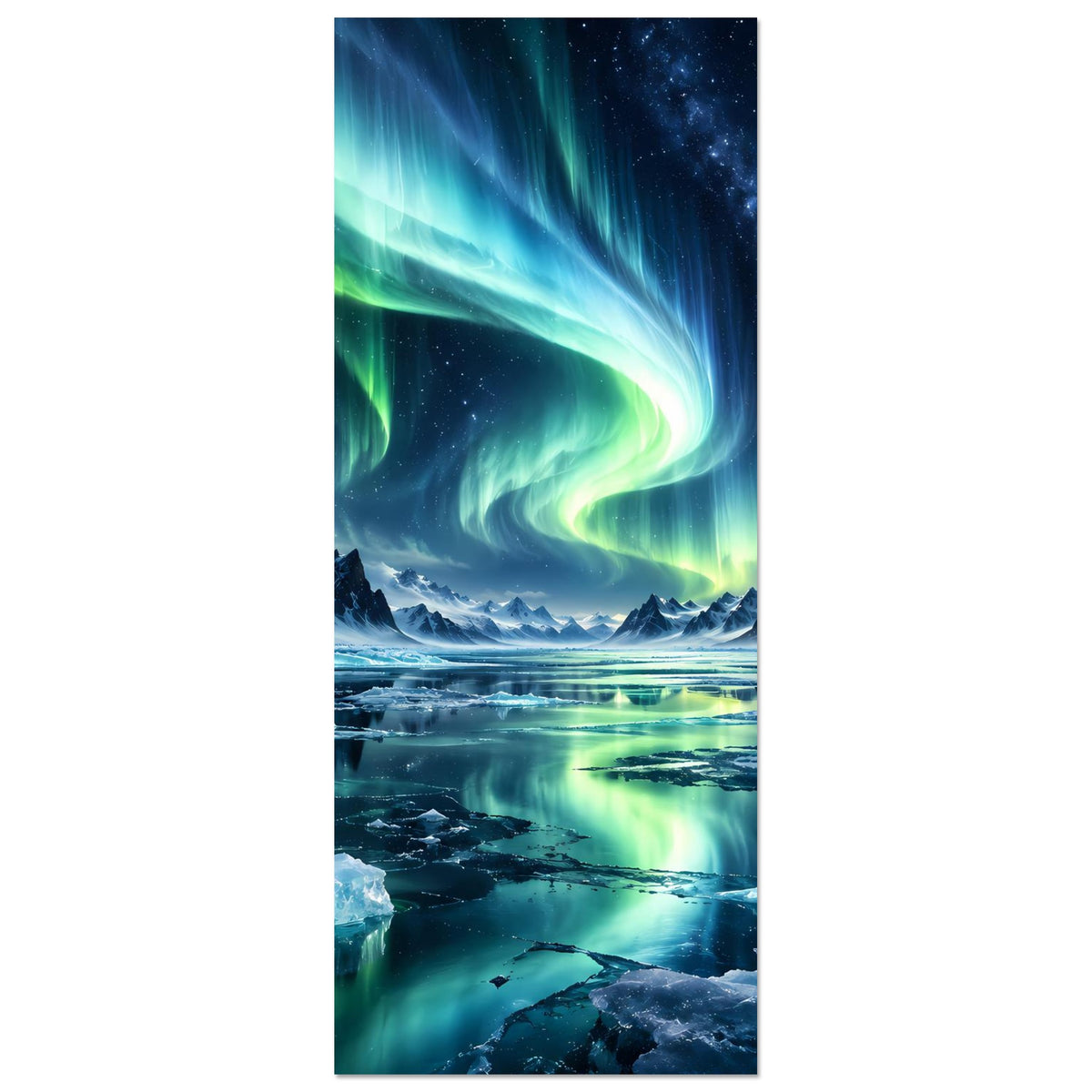 Hochformatiges Poster mit Nordlichtschleier in Blau und Grün über Eis und Wasser im Vordergrund