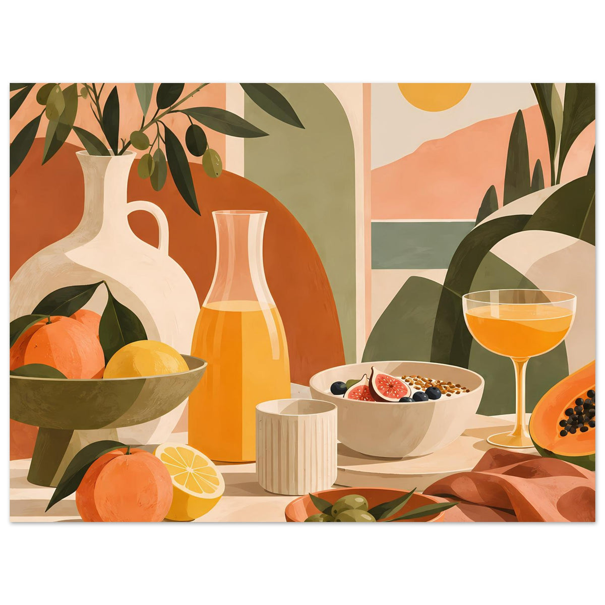 Still-Life-Poster im Panoramaausschnitt: Obst, orange Vase, Schüssel und Cocktailglas
