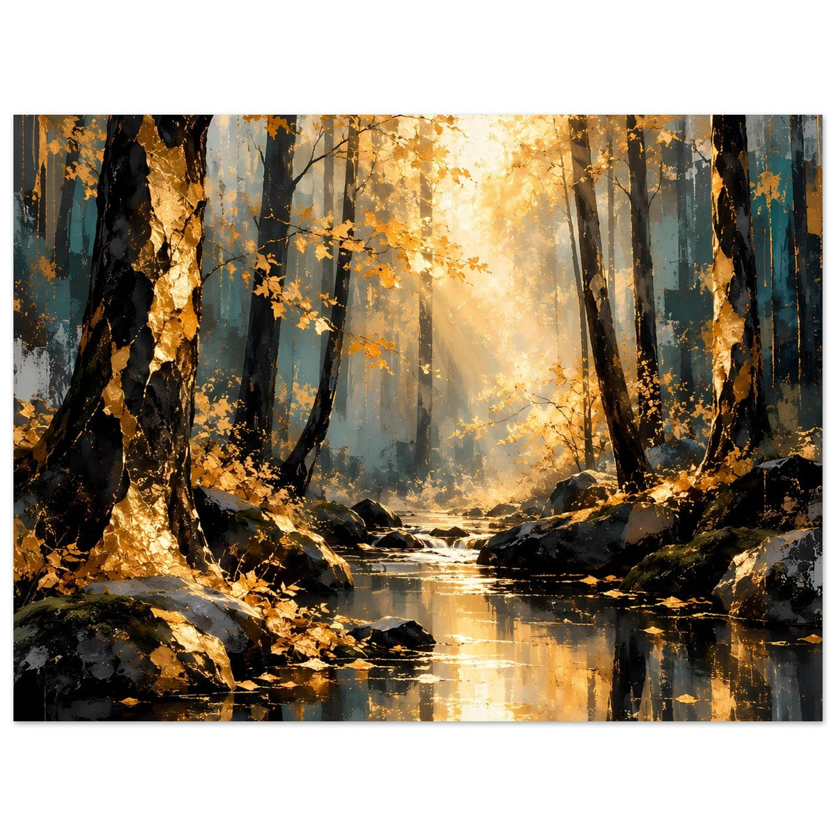 Poster im Herbststil: Waldweg aus dunklen Stämmen, goldenes Leuchten und Wasserlauf mit Reflexion