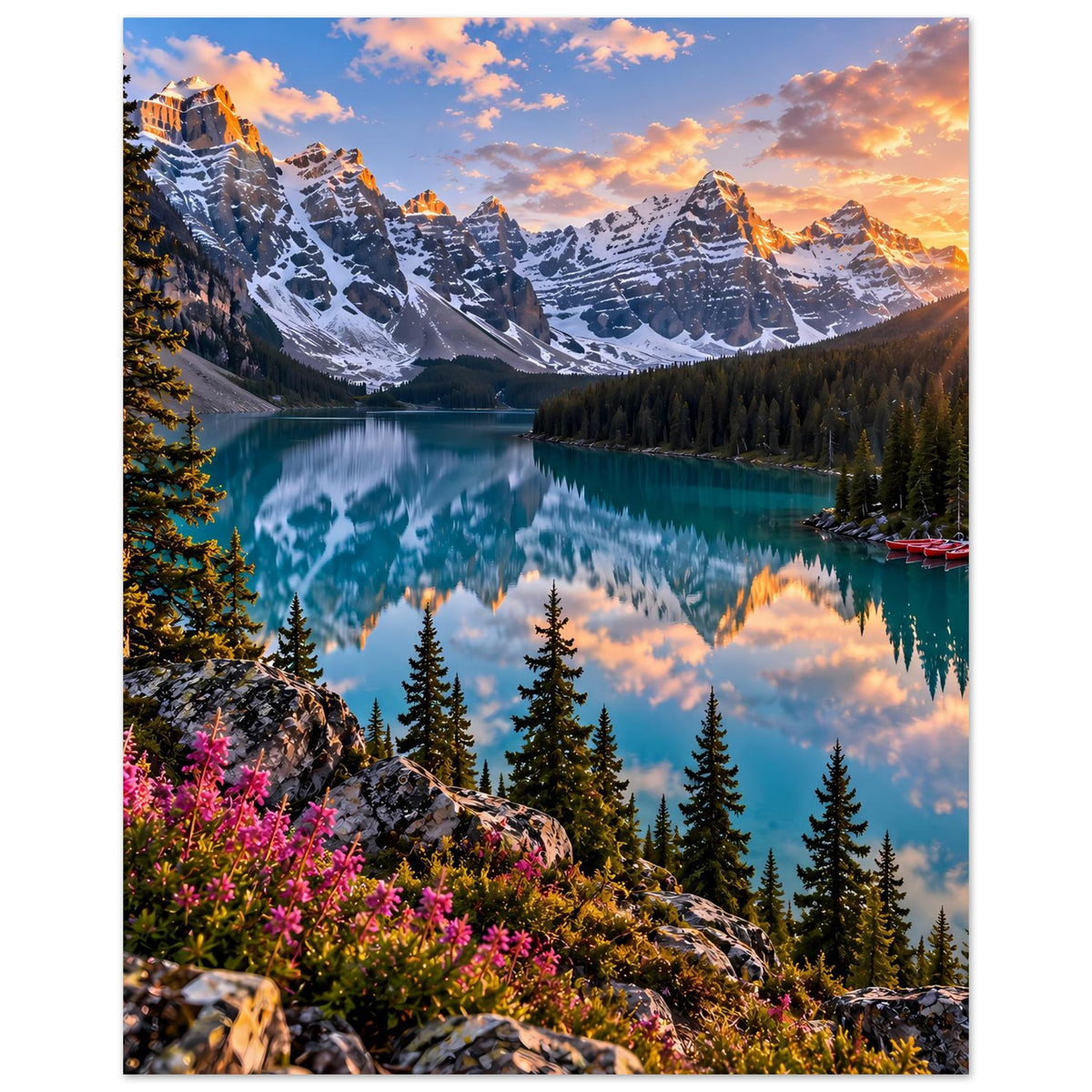 Poster Bergsee bei Sonnenuntergang, türkisfarbenes Wasser, Tannen, pinke Blüten vorn