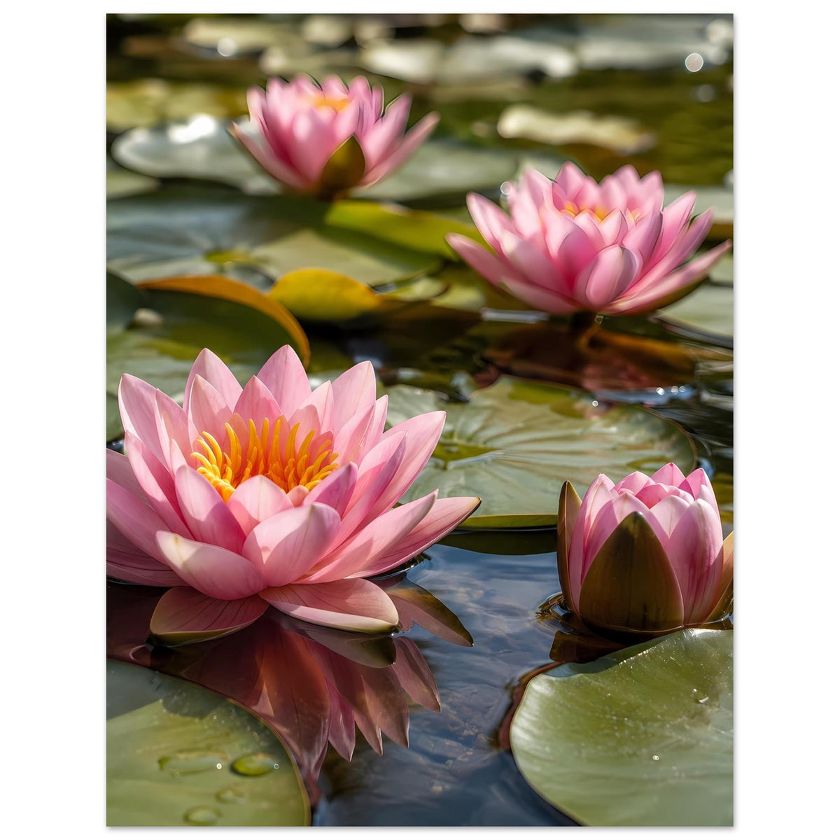 Poster mit mehreren rosa Seerosenblüten, Knospen und grünen Blättern im Wasser