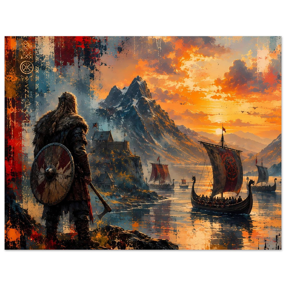 Querformat-Poster mit Wikingerkrieger, Schild und langen Booten bei Sonnenuntergang am Wasser