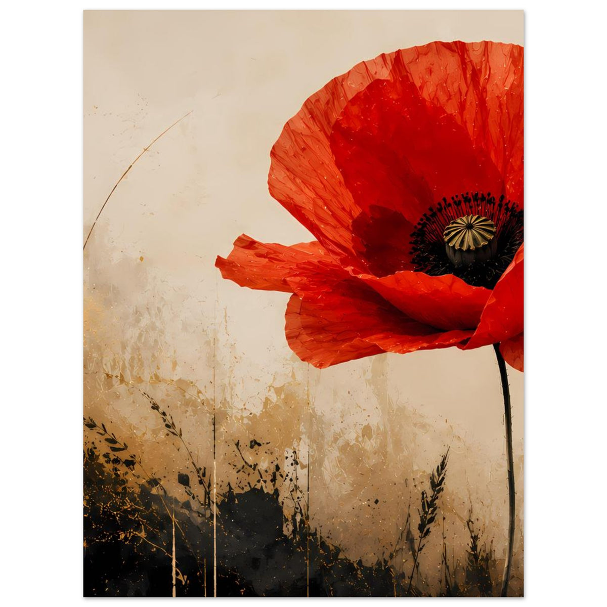 Poster mit leuchtend roter Mohnblume, schwarzem Blütenkern und feinen Blütenblatträndern