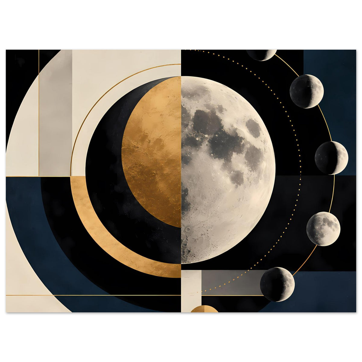 Abstrakter Mondphasen-Druck mit zentralem grauen Mond, goldfarbenem Segment, konzentrischen Bögen, kleinen Monden