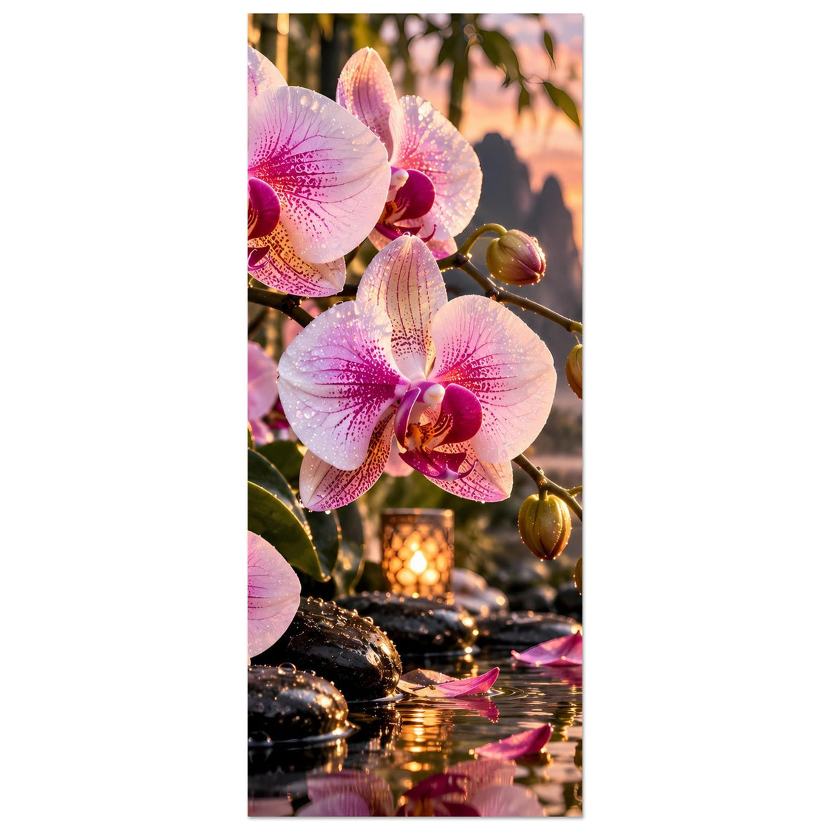Hochkant-Poster mit rosa Orchideen und goldenen Kerzen am Wasser