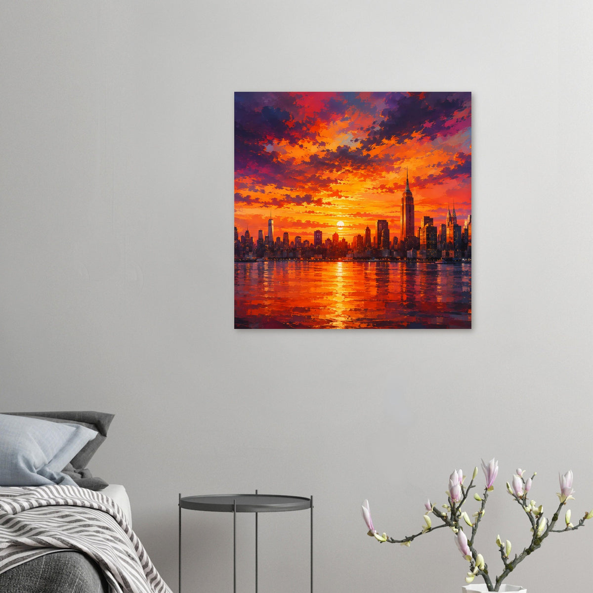 Kleines Stadtlandschaft-Poster am Raum: Sonnenuntergang über Skyline mit Wasserreflexen