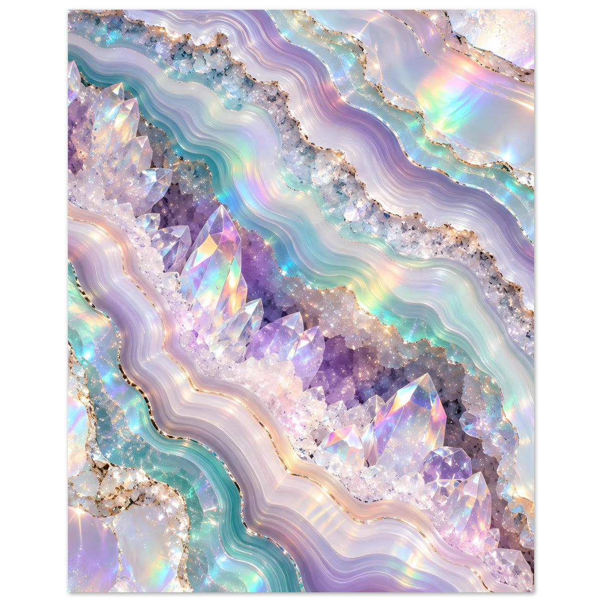 Holografisches Geode-Poster mit lila Kristallhaufen, türkisblauen Wellen und irisierenden Highlights