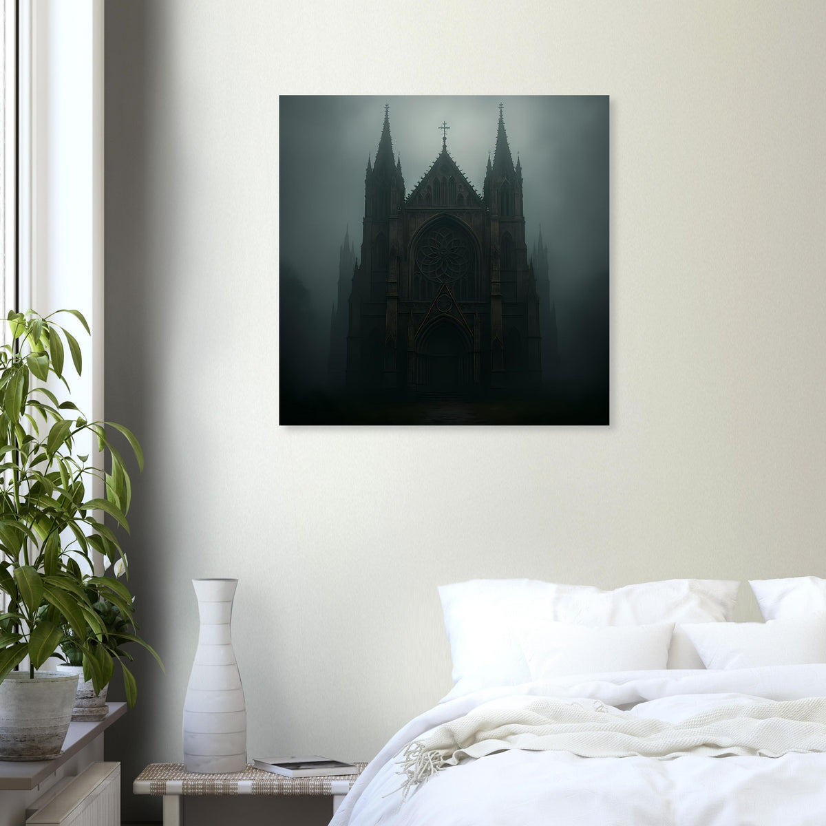 Quadratisches Poster mit gotischer Kathedrale im Nebel, tiefdunkle Farbgebung, schwarzer Rahmen