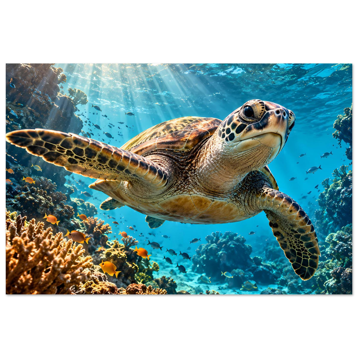 Meeresschildkröten-Poster im Querformat: Schildkröte über Korallen, Lichtstrahlen im blauen Meer