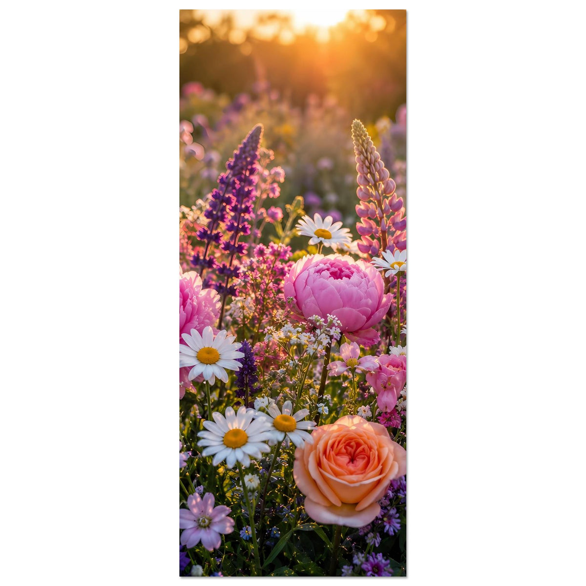 Blumenposter im Hochformat, Ausschnitt mit blühendem Feld und orangefarbener Rose