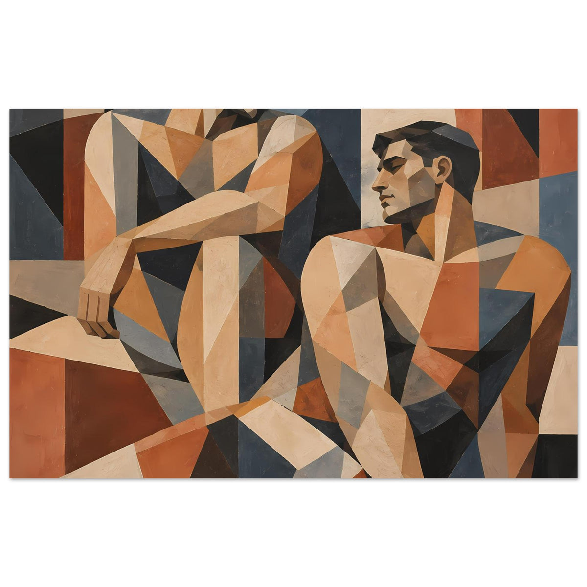 Geometrisches Kunstposter im Querformat: zwei Figuren, dreieckige Muster in warmen Farbtönen