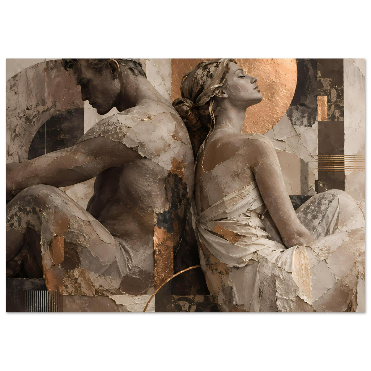 Kunstposter: Skulpturenpaar im Relief-Look, warmes Beige, Braun und dunkle Akzente