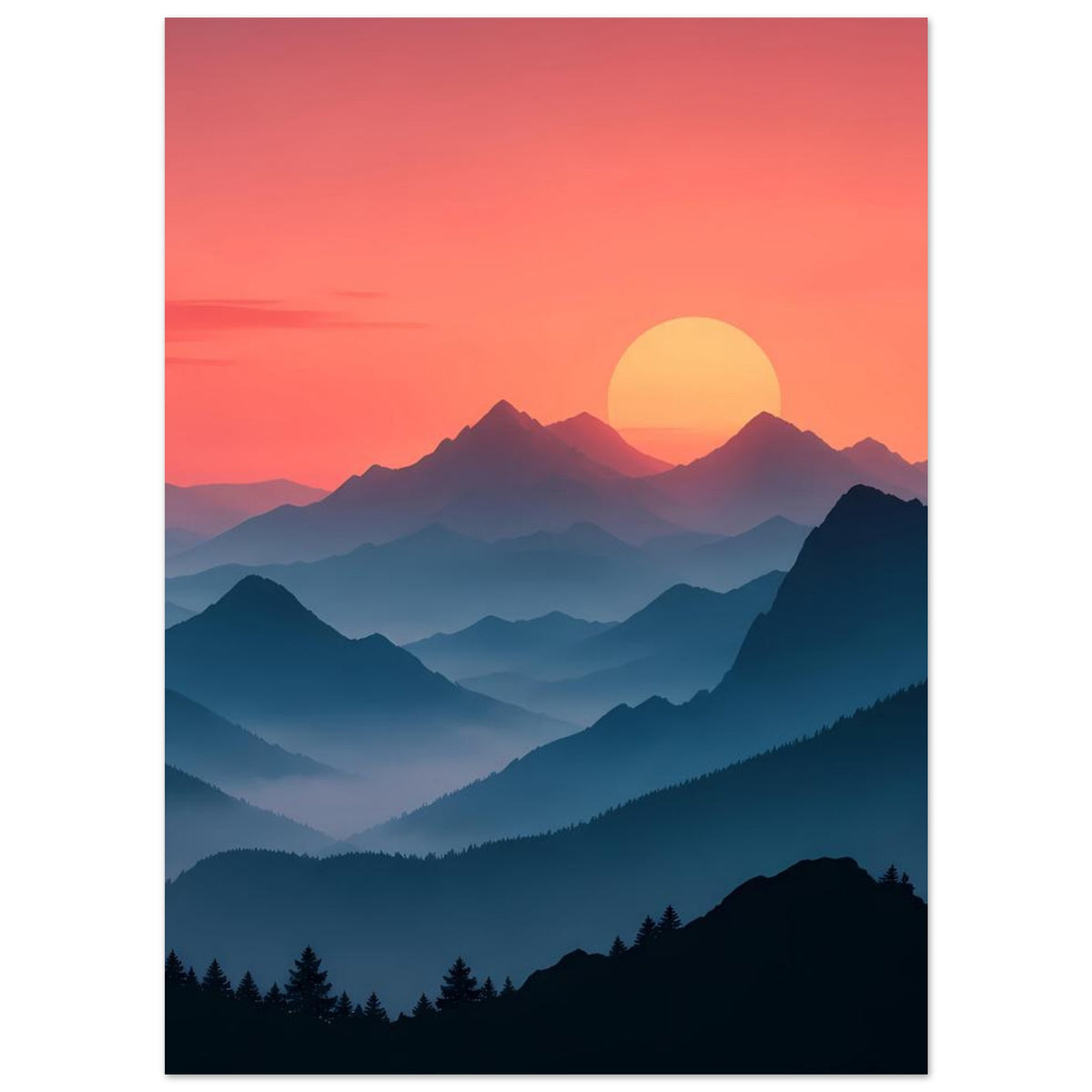 Landschaftsposter: pastelliger Sonnenuntergang über dunklen Bergsilhouetten mit Sonne am Himmel