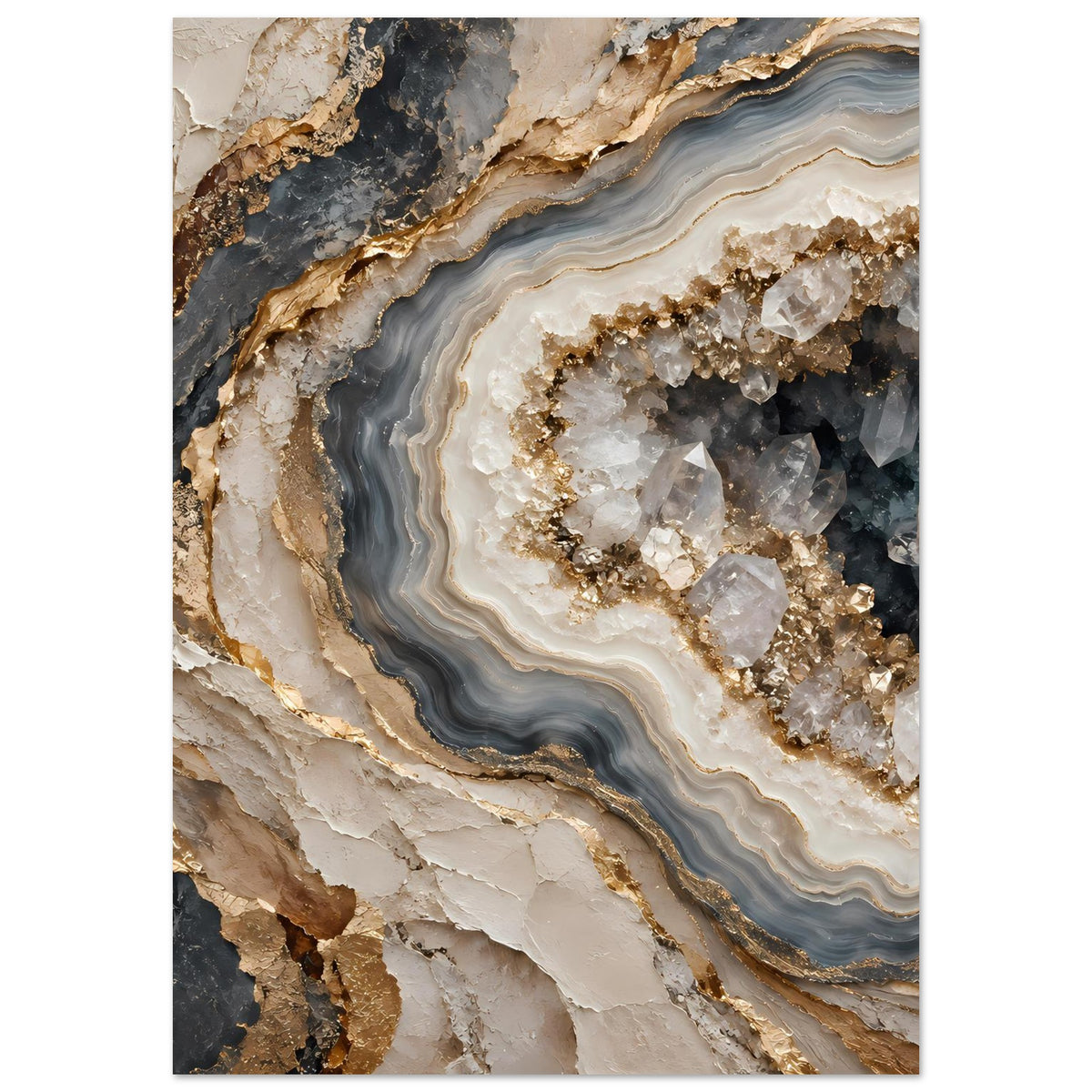 Poster mit Geoden-Schichten in Creme, Rauchgrau und Gold, vertikal