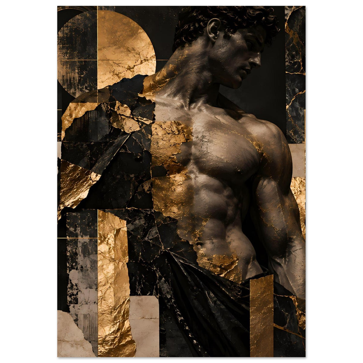 Kunstposter mit antiker Skulptur im Profil, schwarz-goldene Farbfelder und Bruchstücke