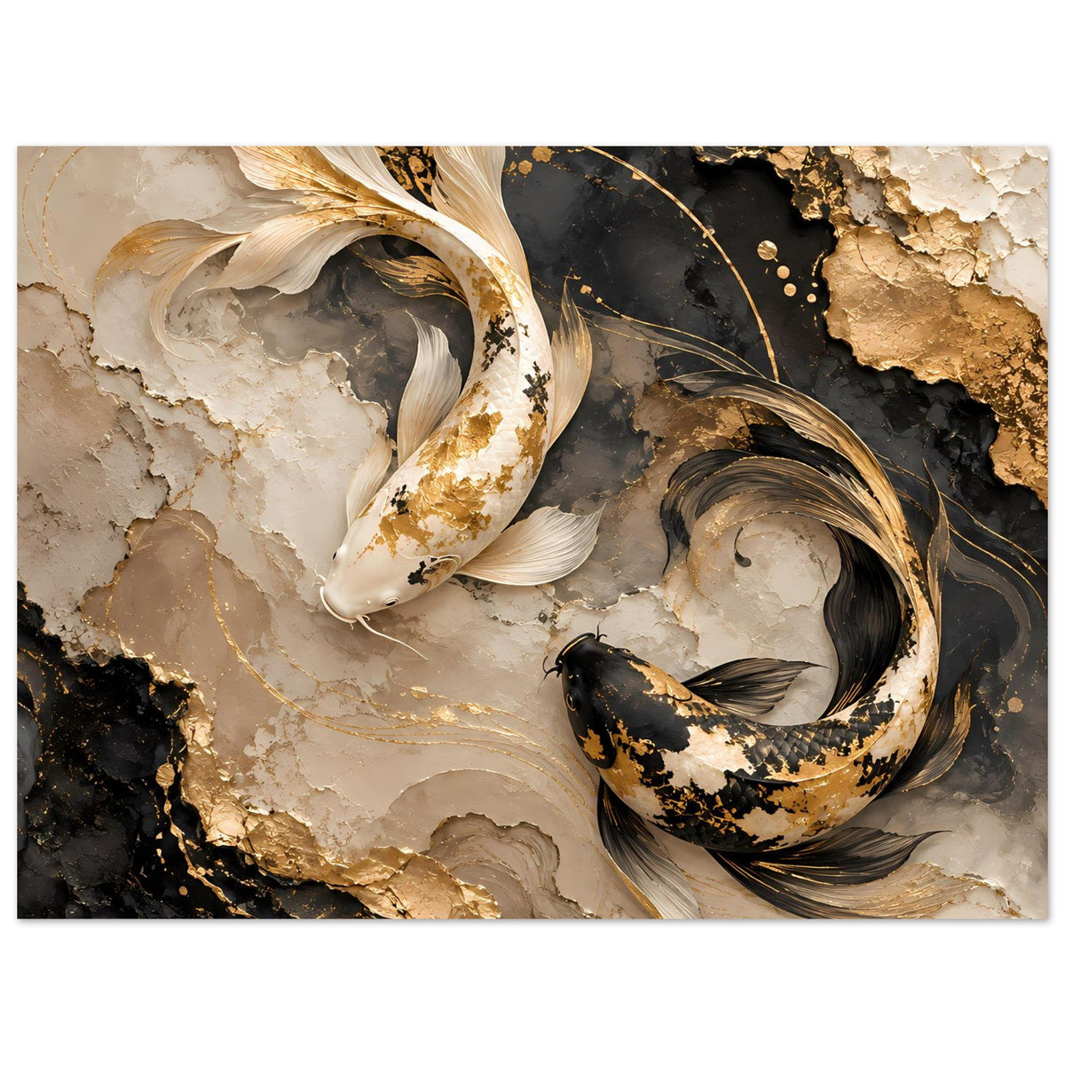 Kunstposter mit Koi-Fischmotiv in Goldtönen und dunklen Akzenten auf Marmoroptik
