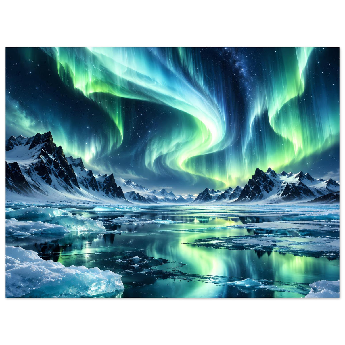 Horizontales Poster mit Nordlichtern, verschneiten Bergen und gefrorenem Wasser