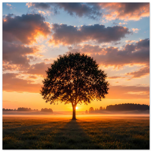 Poster mit einzelner Eiche bei Sonnenuntergang, orangefarbener Himmel und bewölkte Wolken