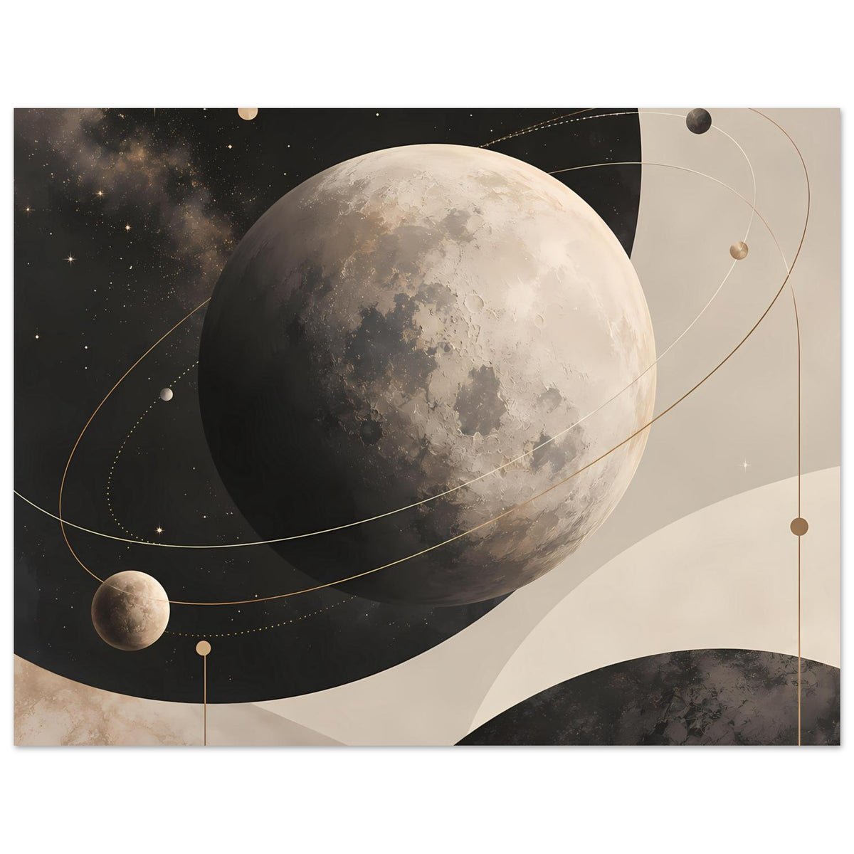 Abstraktes Poster mit Mond, Sternen, Planeten und goldenen Bahnen in Erdtönen.