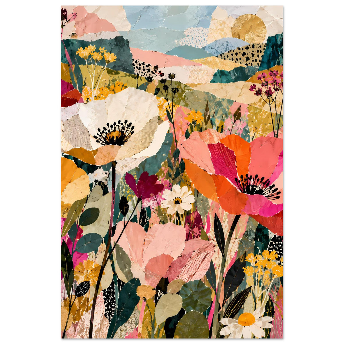 Blumen-Collage-Poster mit bunten Blüten, Blättern und gemusterten Formen im Hochformat
