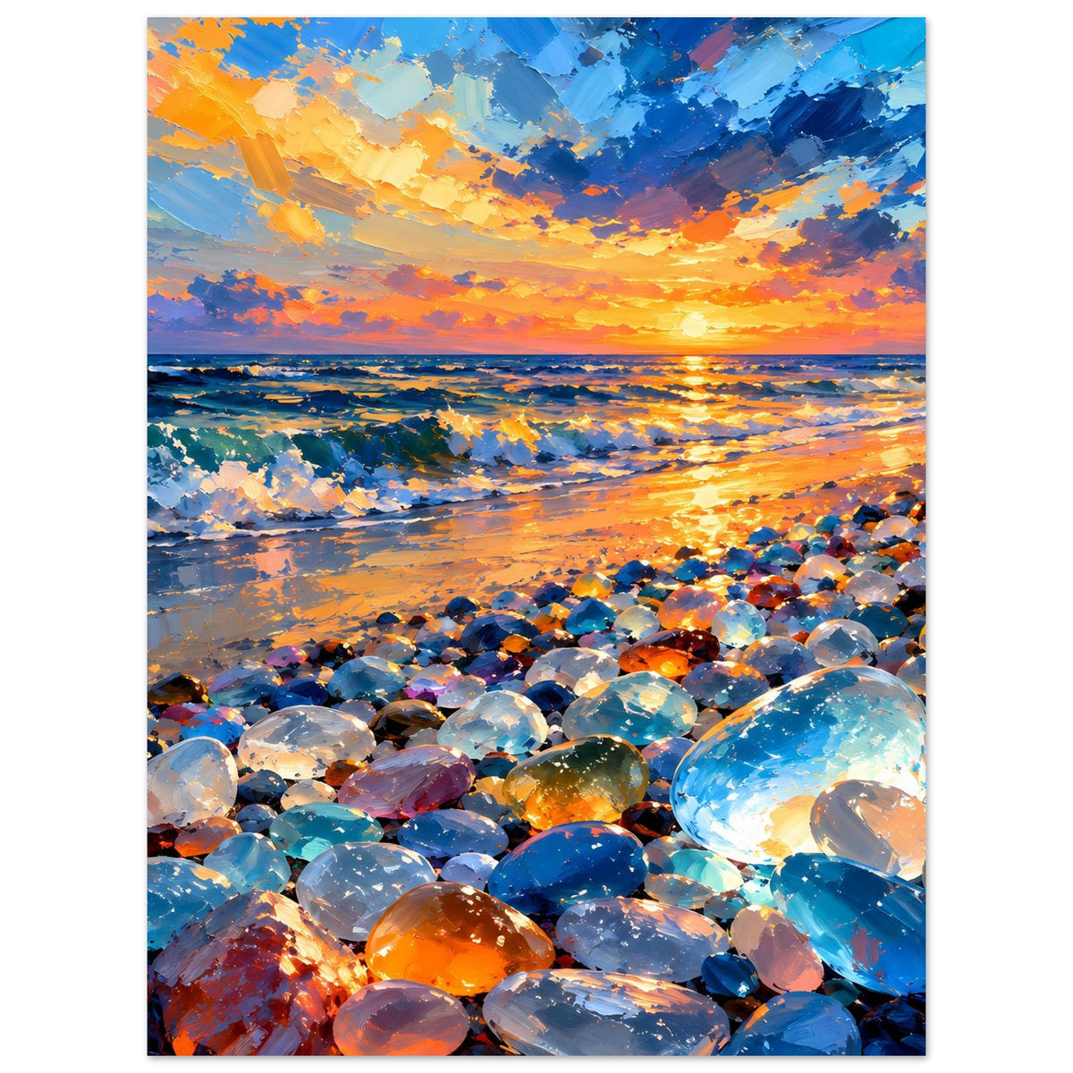 Vertikales Poster: leuchtender Himmel über dem Meer und farbige Edelstein-Kiesel am Strand