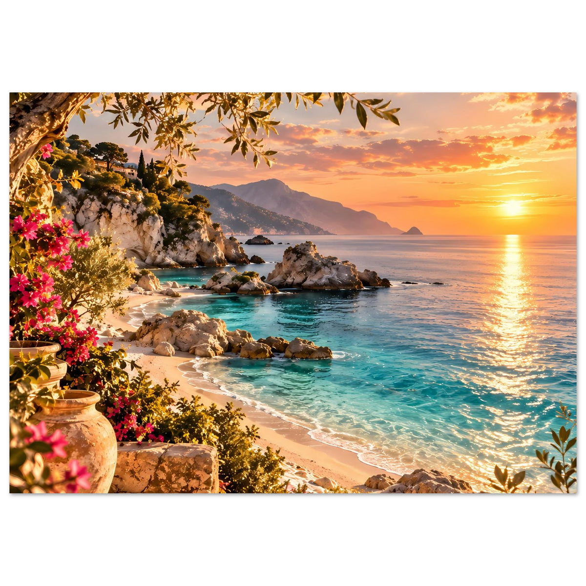 Horizontales Strandposter mit Sonnenuntergang: warmes Orange am Himmel, türkisblaues Meer