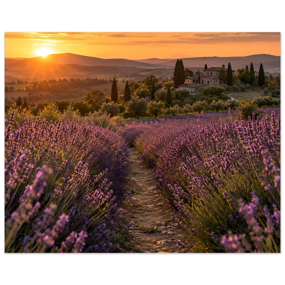 Lavendel-Sonnenuntergang-Poster im Hochformat mit Weg und Schlosslandschaft