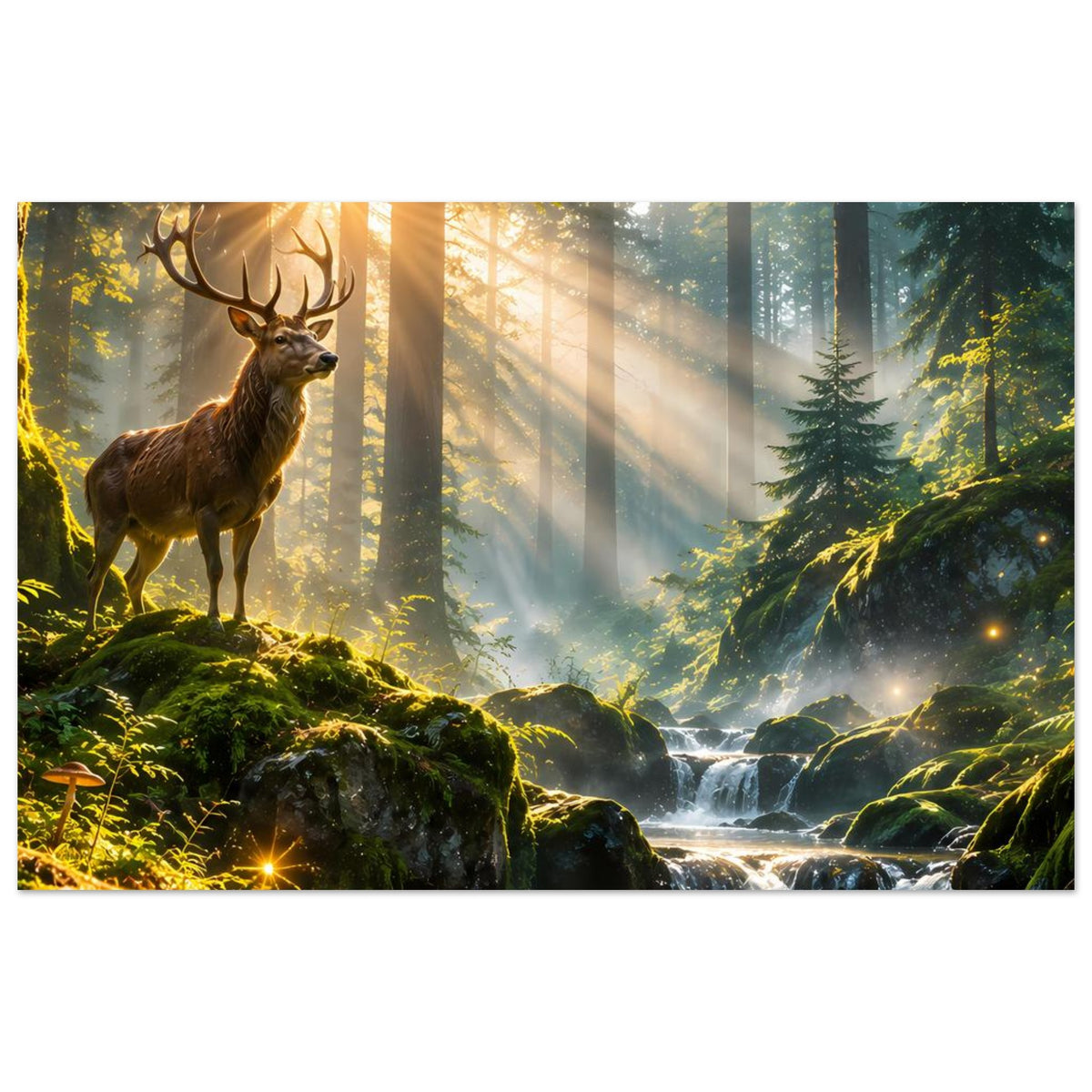 Waldlandschaft-Poster im Querformat mit Hirsch, Moospolstern, glitzerndem Wasserfall und Wald