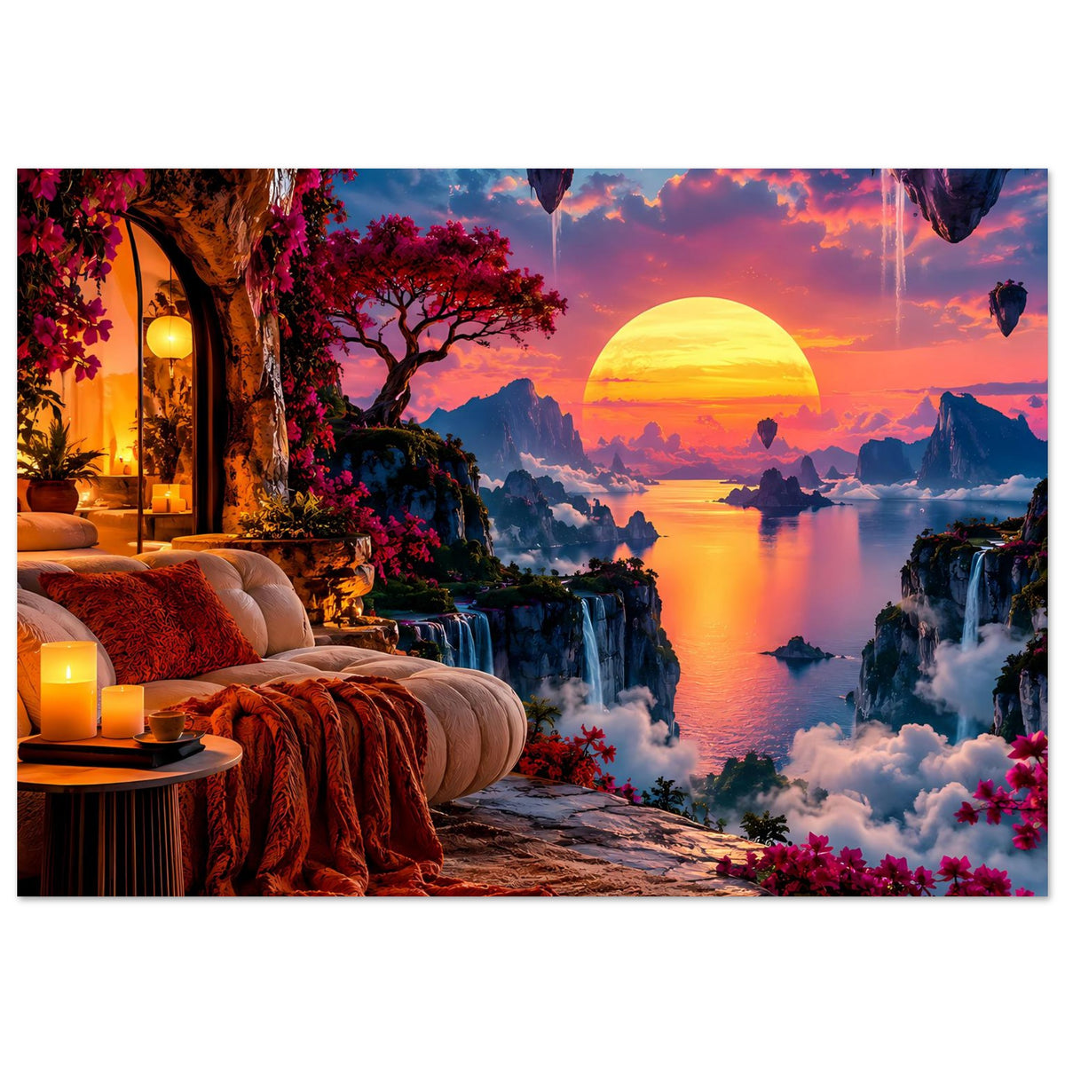Poster mit Traumlandschaft: Sonne über See, Nebel über Wasser, Wasserfall und rosa Blüten.