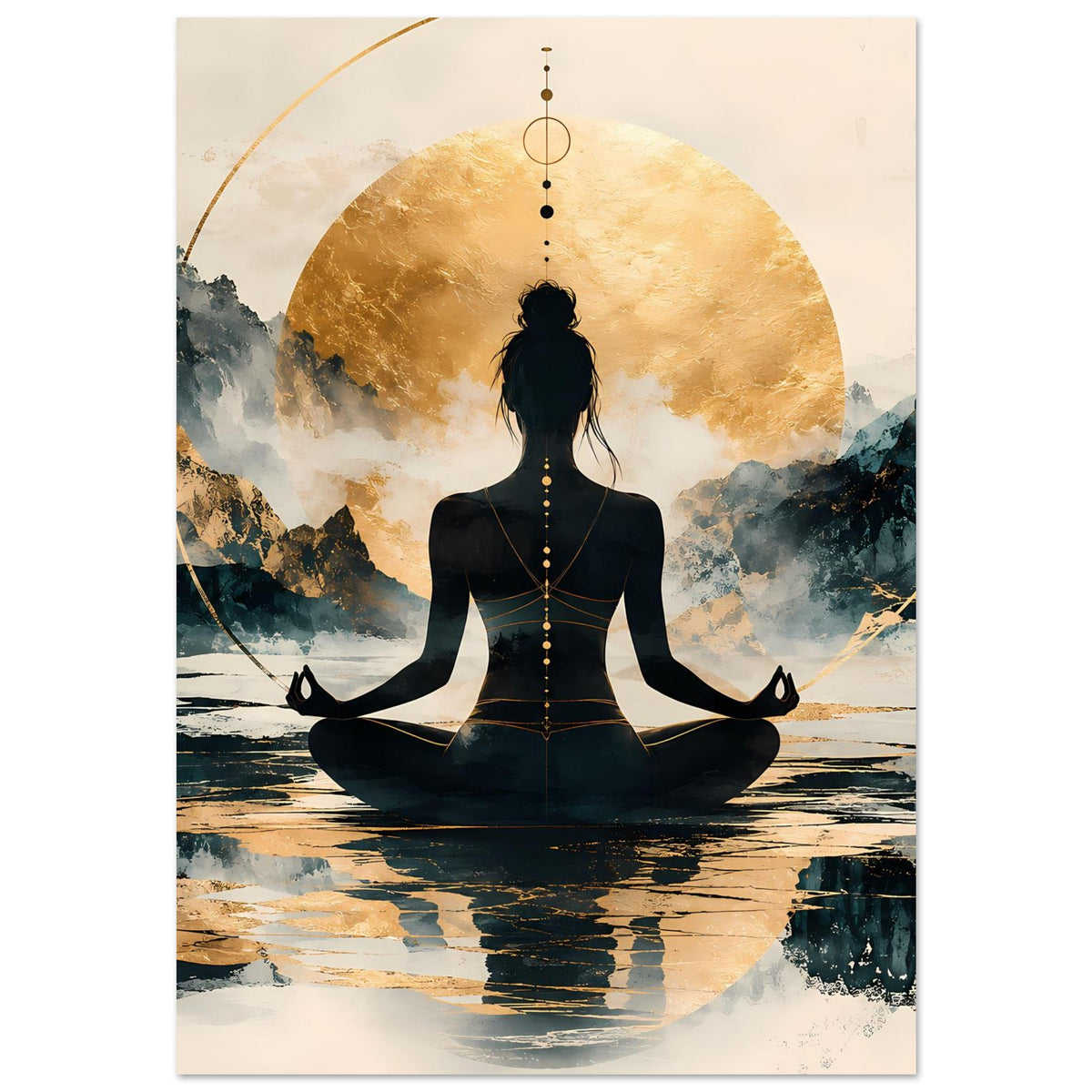 Hochformatiges Poster mit ruhender Rückenansicht einer Meditationsfigur im Lotussitz