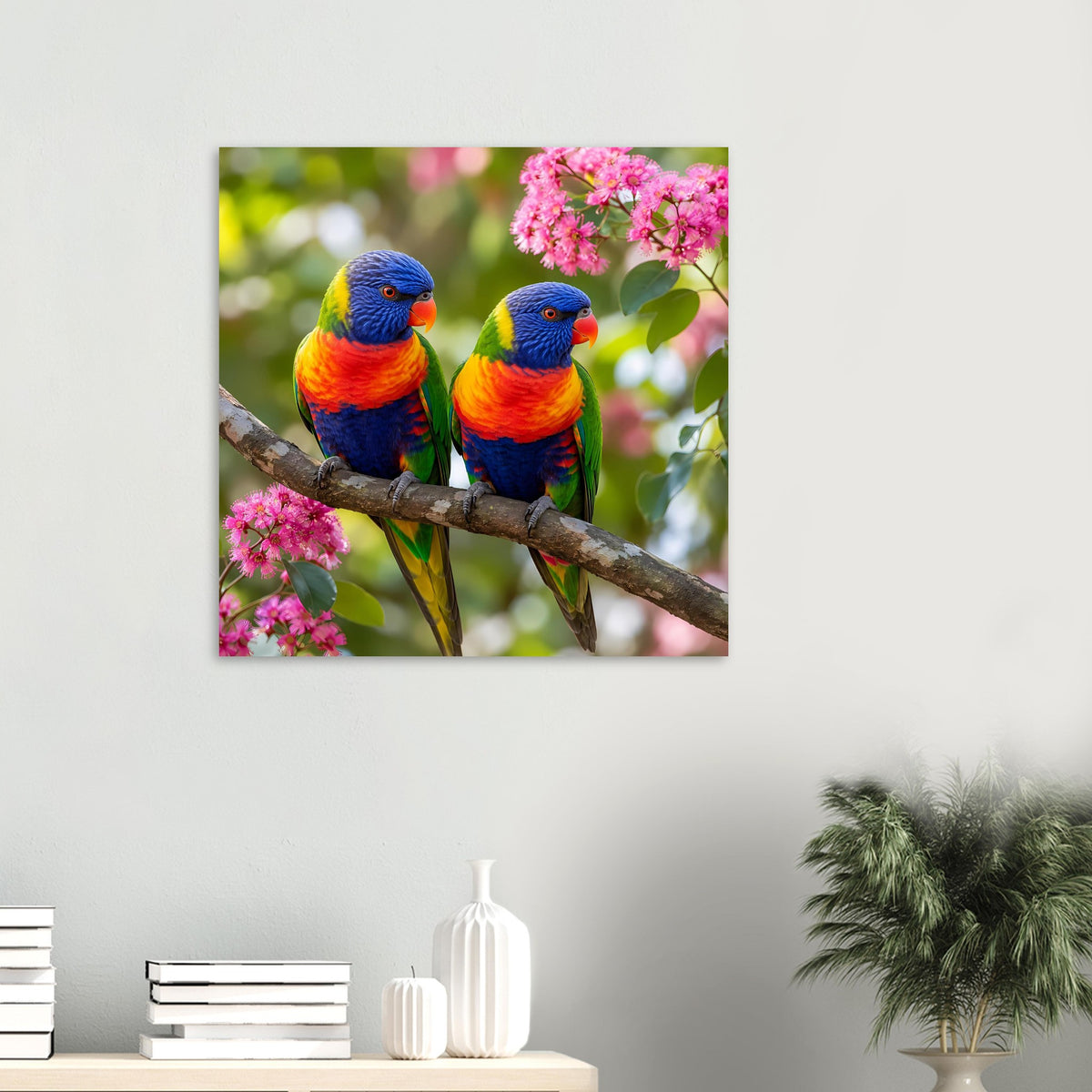Poster mit zwei Regenbogen-Lorikeets auf Ast, blau-orange Gefieder und rosa Blüten