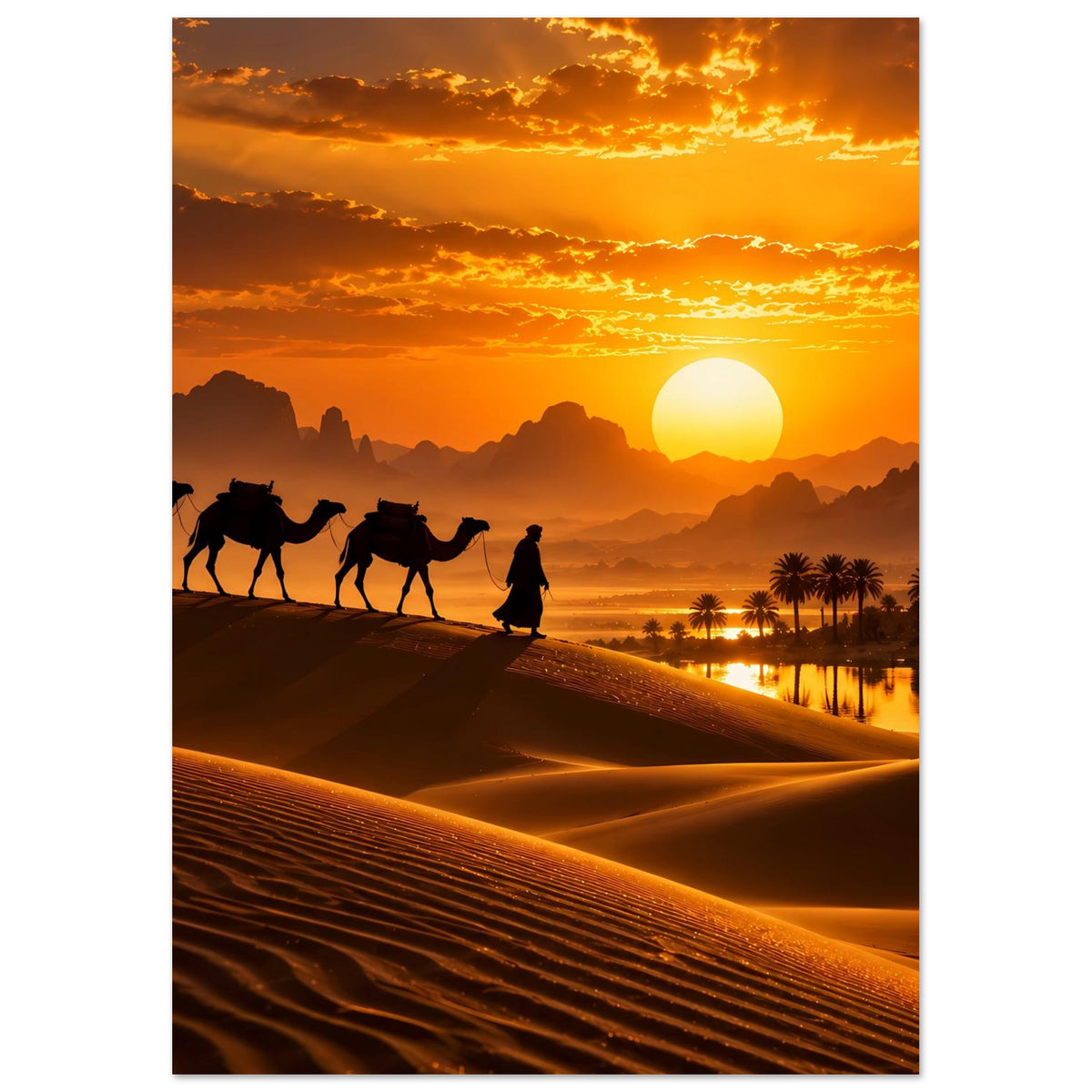 Poster mit Karawane auf Dünen, warmes Abendlicht und großer Sonnenball