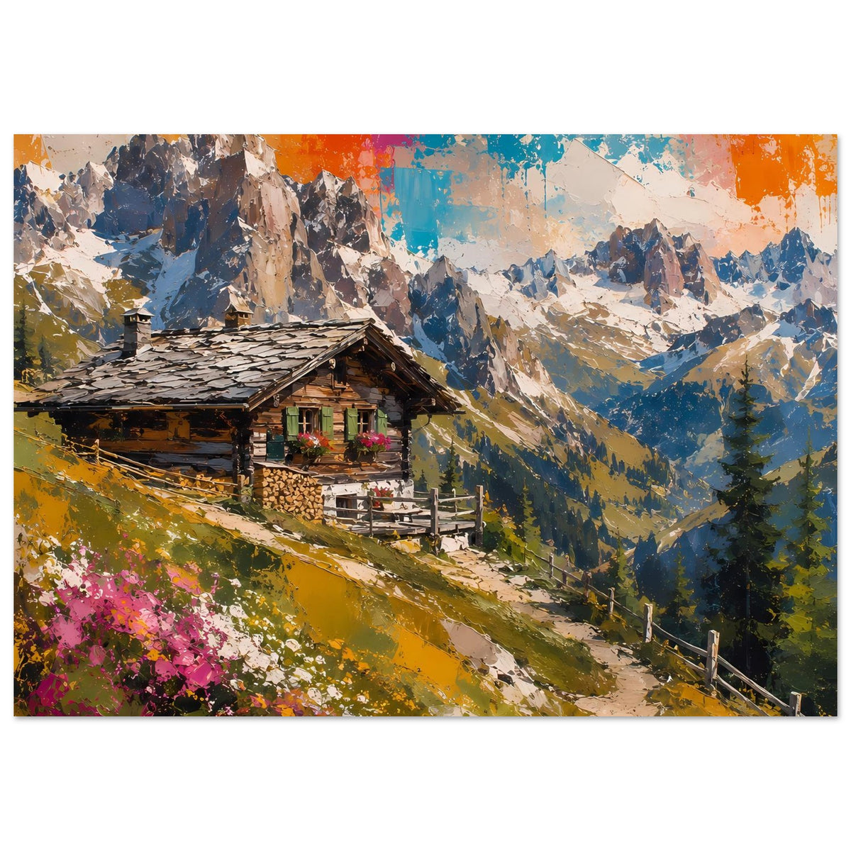 Horizontales Bergposter: Holzalmhütte, Waldspitzen und bunte Berge unter abstraktem Himmel