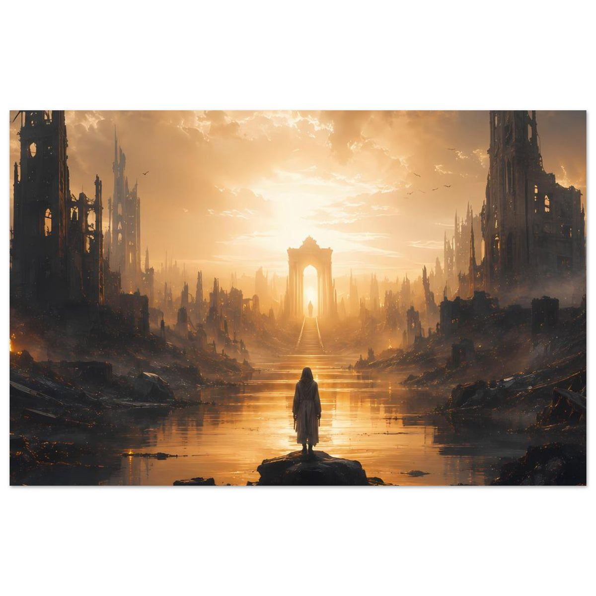 Horizontales Poster mit Fluss im Vordergrund, dunklen Gebäuden und warmem Sonnenlicht
