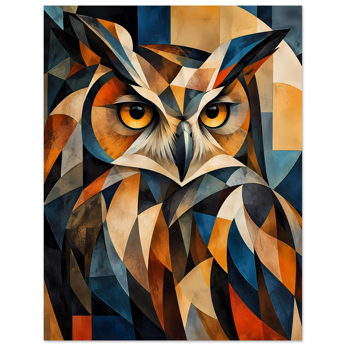 Tierposter mit geometrischer Eule, Hochformat: gelbe Augen und geometrische Federn in Blau/Orange.