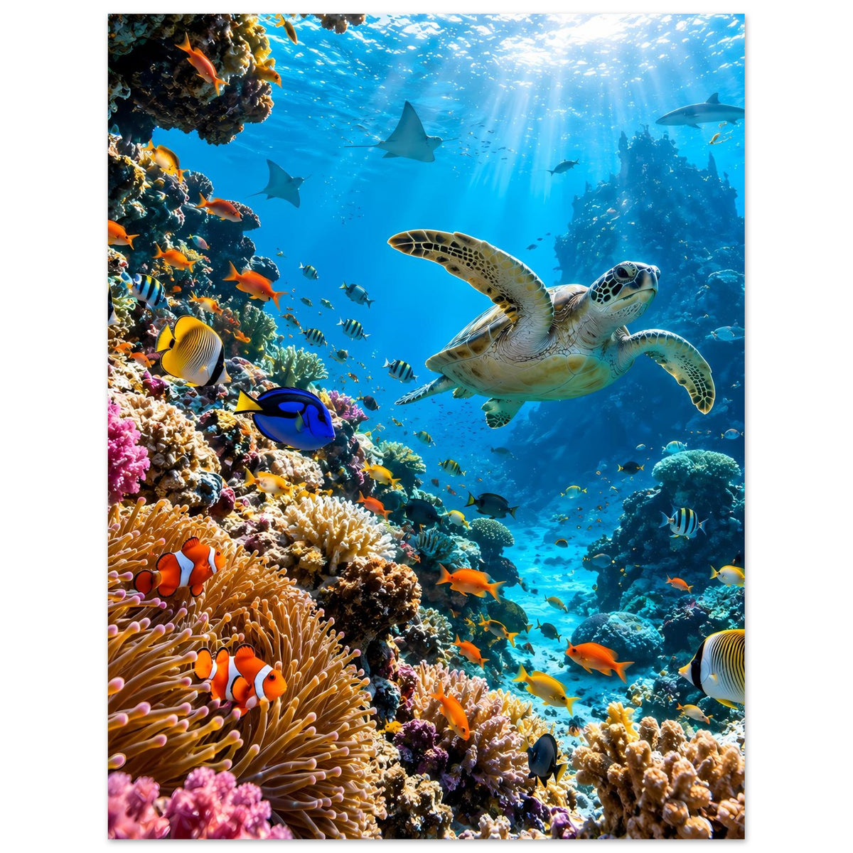 Korallenriff-Poster mit Meeresschildkröte, bunten Korallen im Vordergrund und Fischen