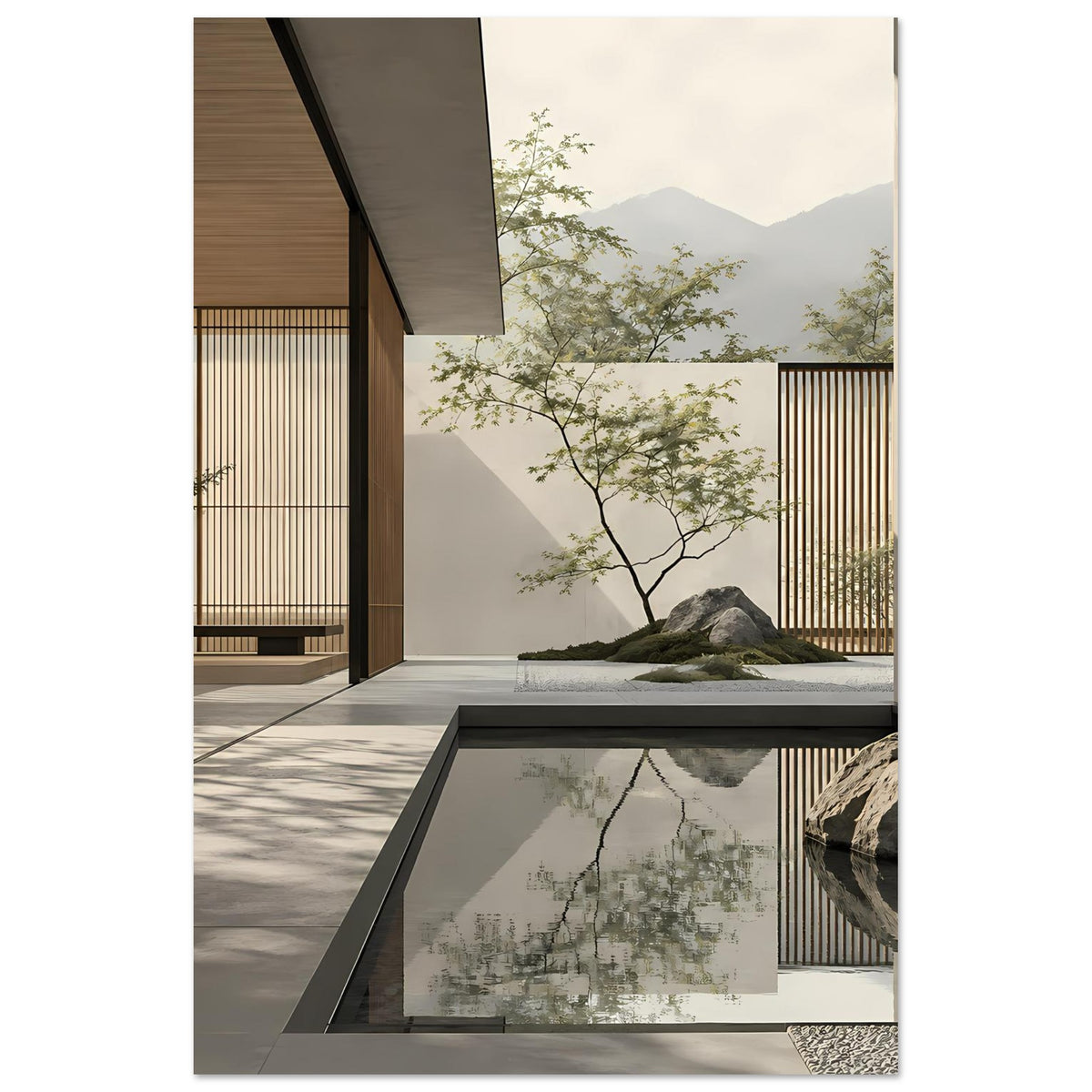 Minimalistische Zen-Wandkunst mit natürlichen und architektonischen Formen