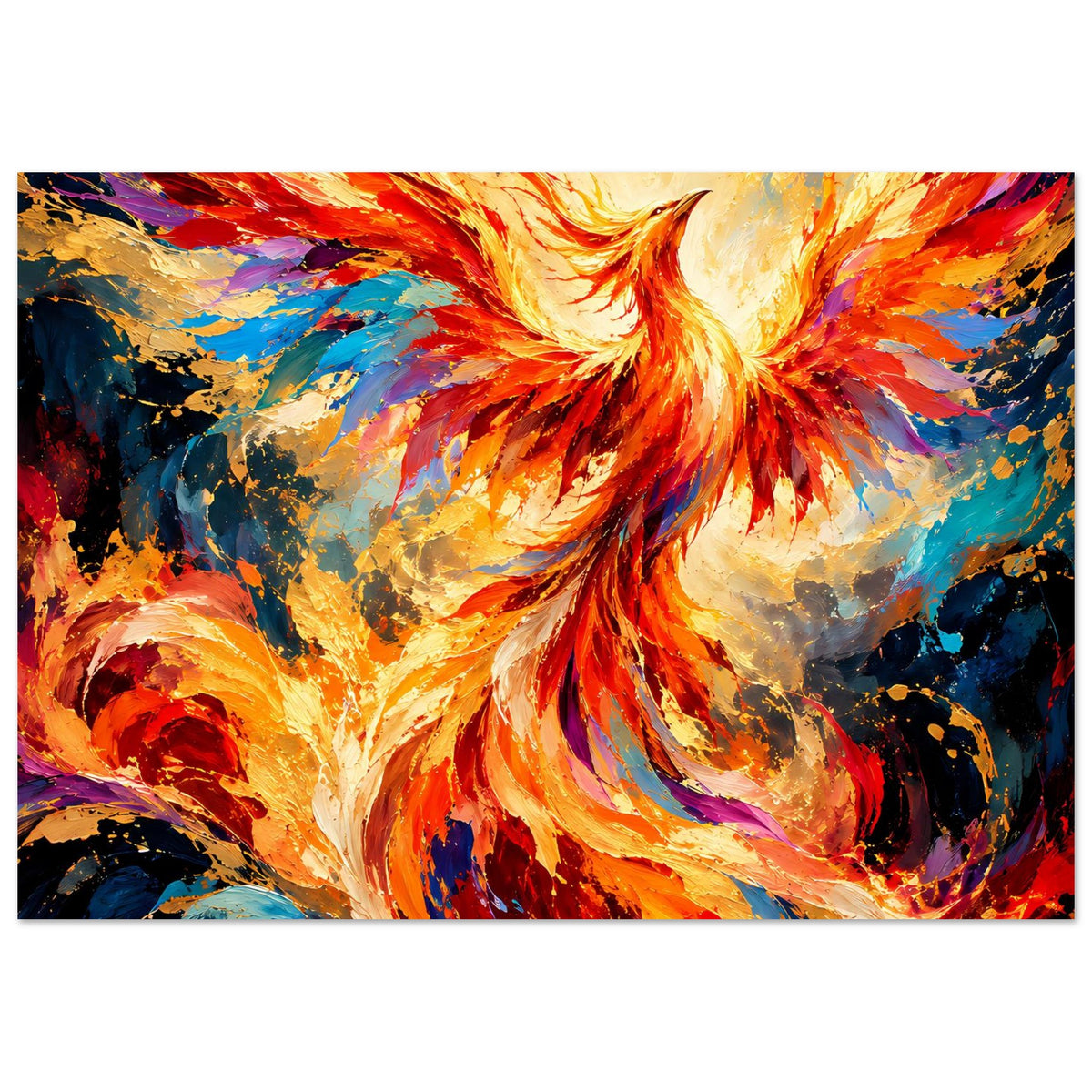 Horizontales Poster mit Phönix-Porträt, leuchtende orange-rote Flügel, blau gesprenkelter Hintergrund, Rahmen