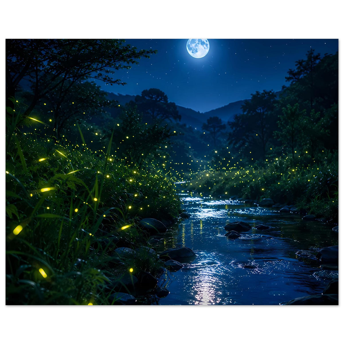 Horizontales Poster: Nachtszene am Fluss mit Glühwürmchen-Lichtern und hellem Mond, matt