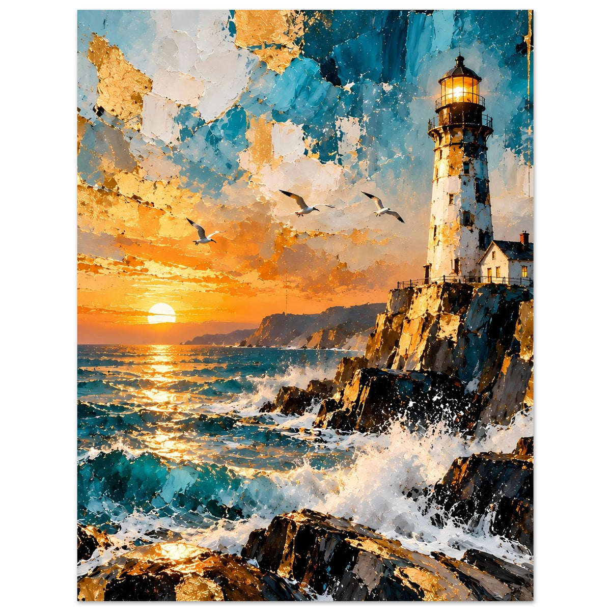 Poster im Hochformat: Leuchtturm an Klippen, Meerwellen mit Gischt, Sonnenuntergang im Farbverlauf
