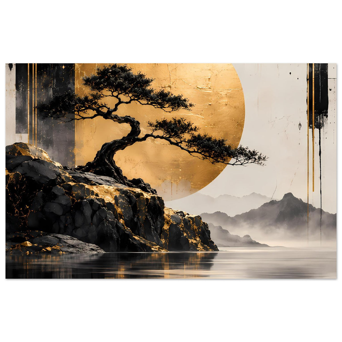 Poster im Zen-Stil mit schwarzem Baum, goldener Sonne, Felsen und ruhigem Wasser