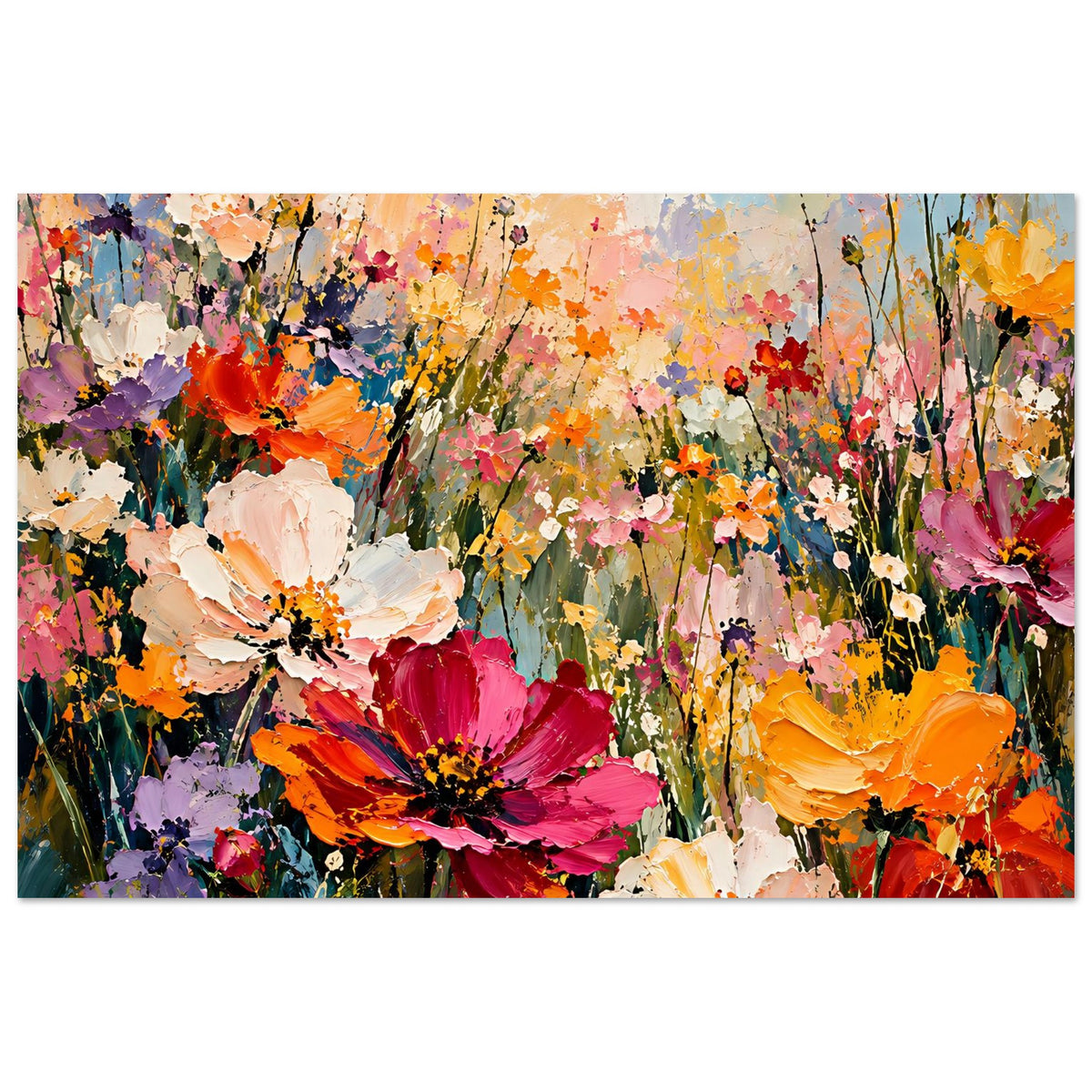 Blumenposter mit leuchtenden Blüten in Rosa, Orange und Gelb, mit hellem Hintergrund