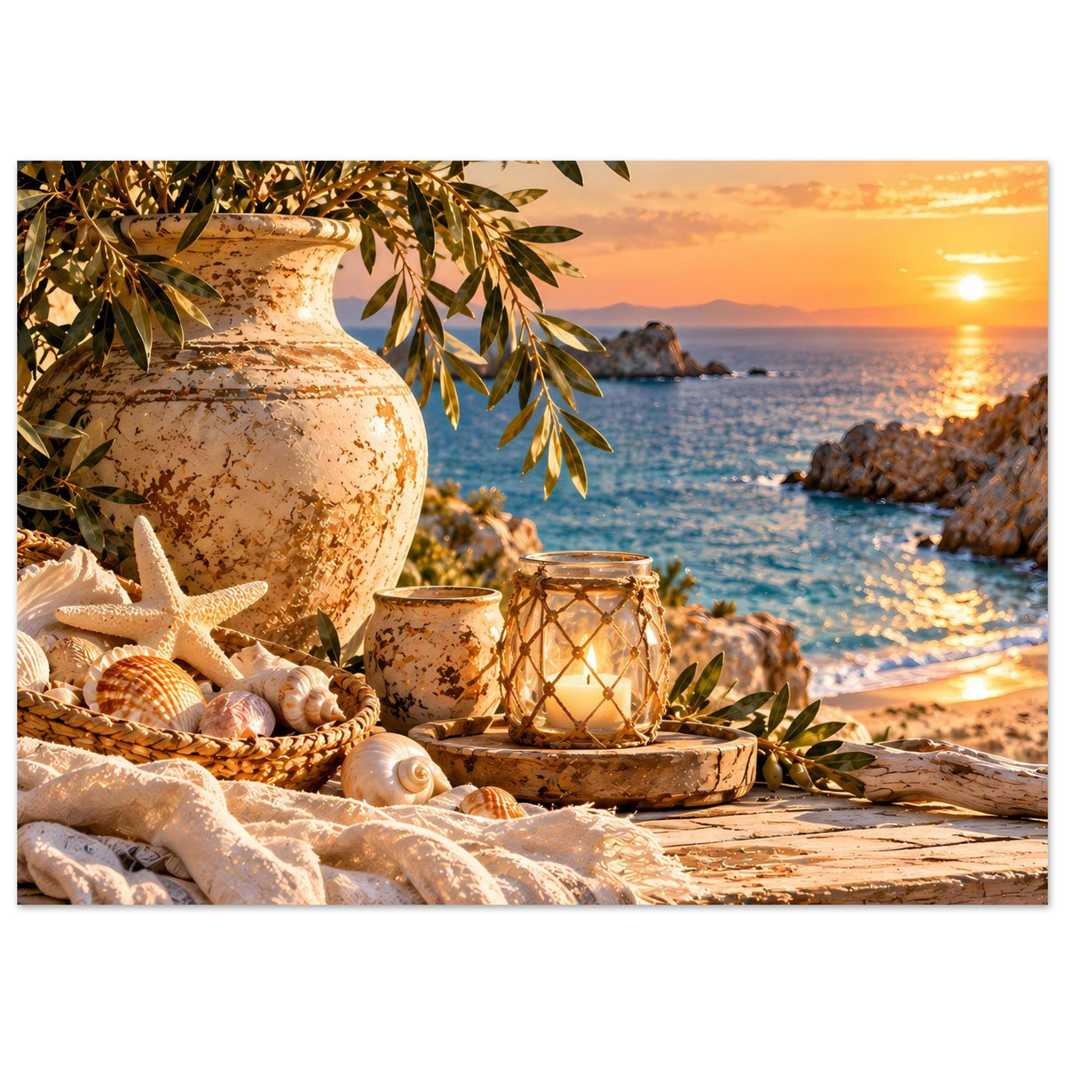 Küstenbild mit drapiertem Tuch: Vase, Olivenzweige, Muscheln, Seestern und Laterne am Meer.
