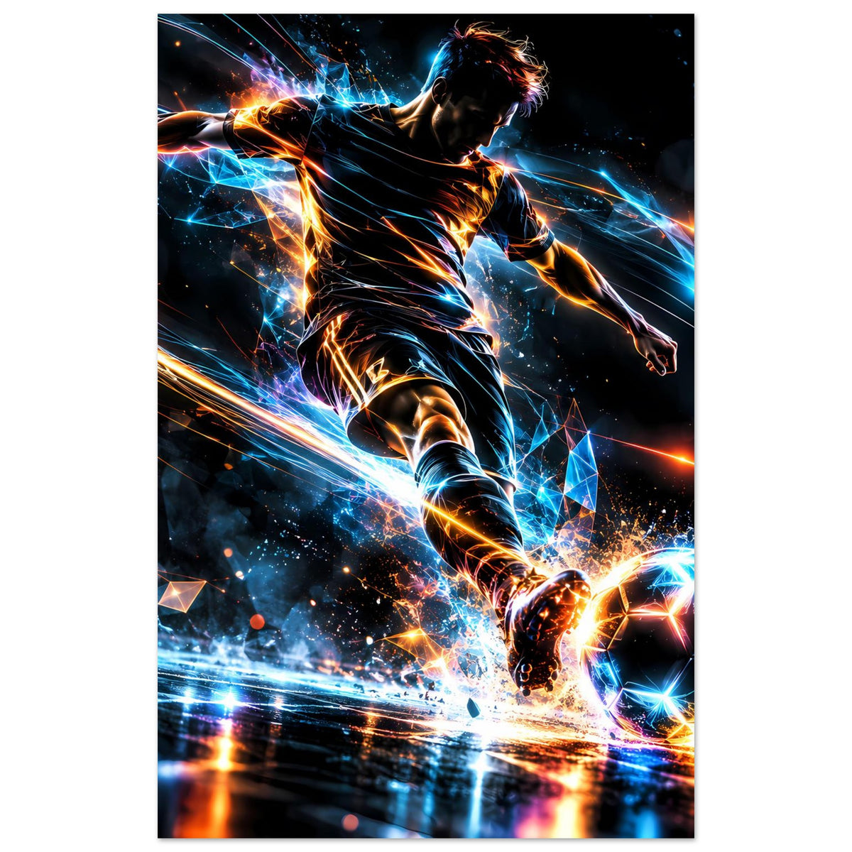 Vertikales Neon-Fußballposter mit Stürmer im Sprint und leuchtendem Ball
