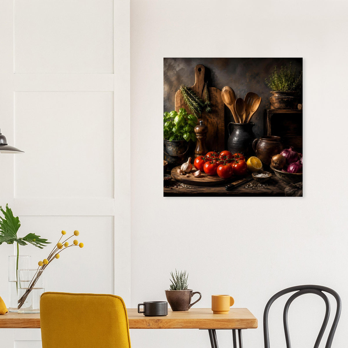 Küchenstillleben-Poster: Tomatenbüschel, Kräuter, Schüsseln und Töpfe in Erdfarben