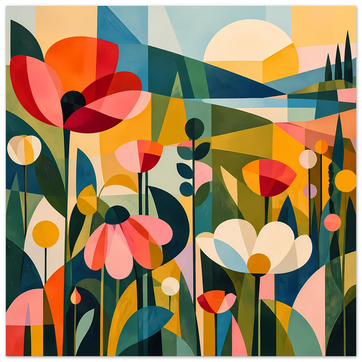 Abstraktes Blumenposter als Detailansicht: Blüten, Gräser und gelbe sowie rote Lichtpunkte