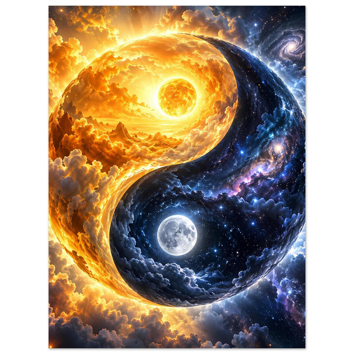 Yin-Yang-Kosmos-Kunstposter im Hochformat: leuchtende Sonne links, blauer Mond rechts